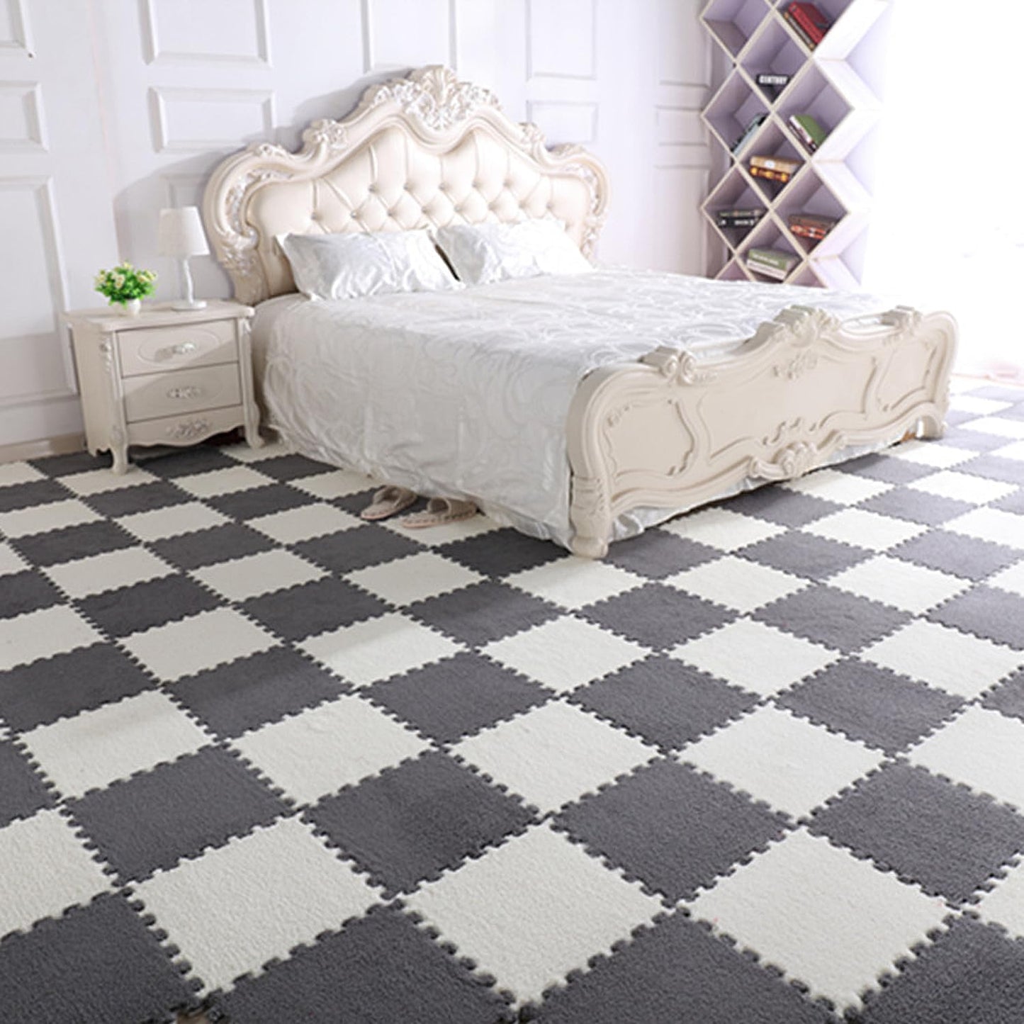 Interlocking Carpet Tiles, 10 Pack Soft Modular Squares with Non-Slip Backing for Home Bedroom Playroom Decor, Fluffy Puzzle Floor Mat Tiles (White Grey)