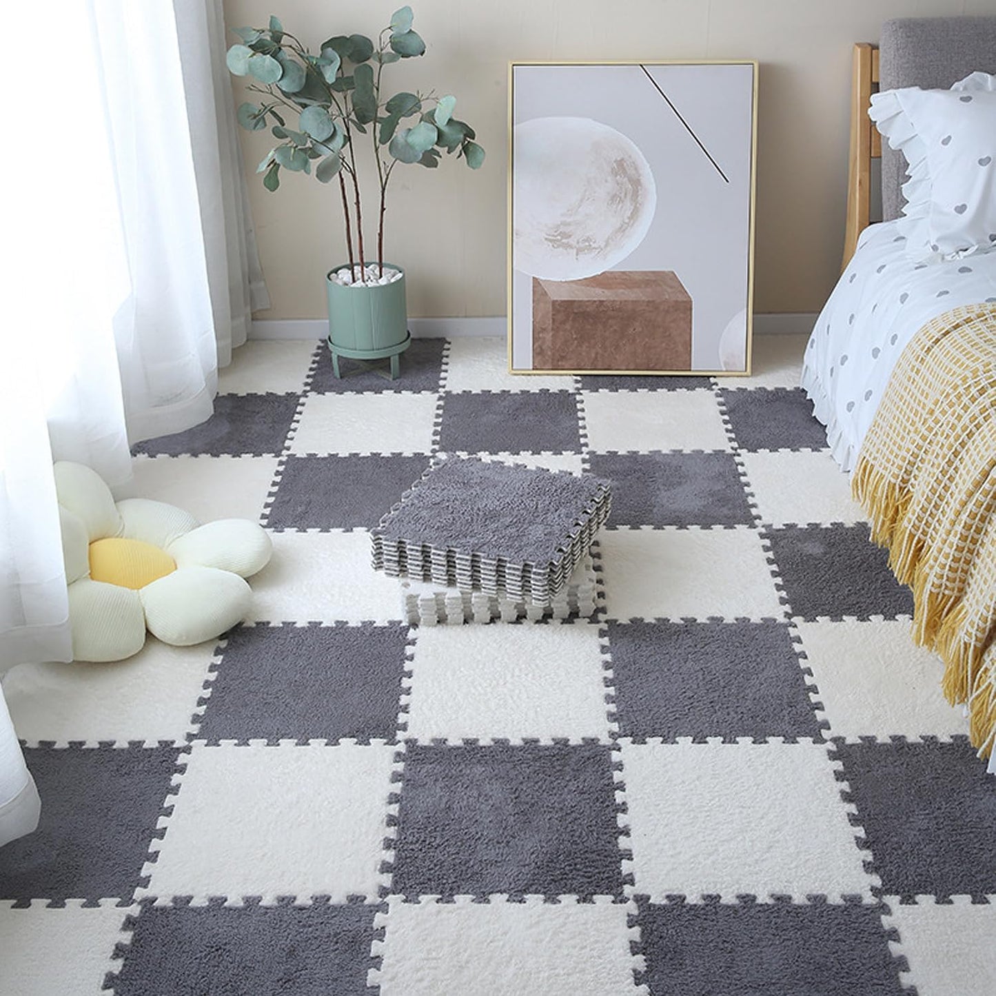 Interlocking Carpet Tiles, 10 Pack Soft Modular Squares with Non-Slip Backing for Home Bedroom Playroom Decor, Fluffy Puzzle Floor Mat Tiles (White Grey)