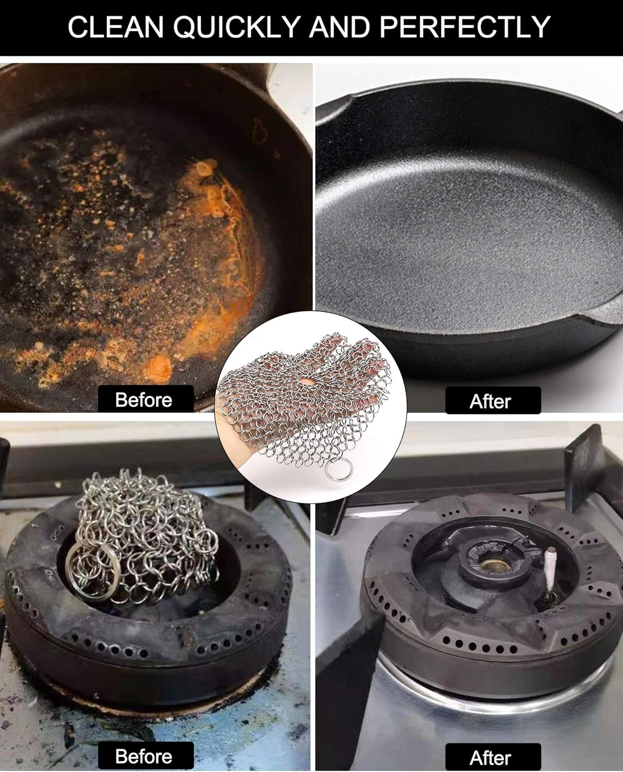 Cast Iron Cleaner, 2 Pack Stainless Steel Chainmail Scrubber for Cast Iron Pan Pot Skillet Brush Scraper Scrub Cleaner (7IN& 5IN Round).