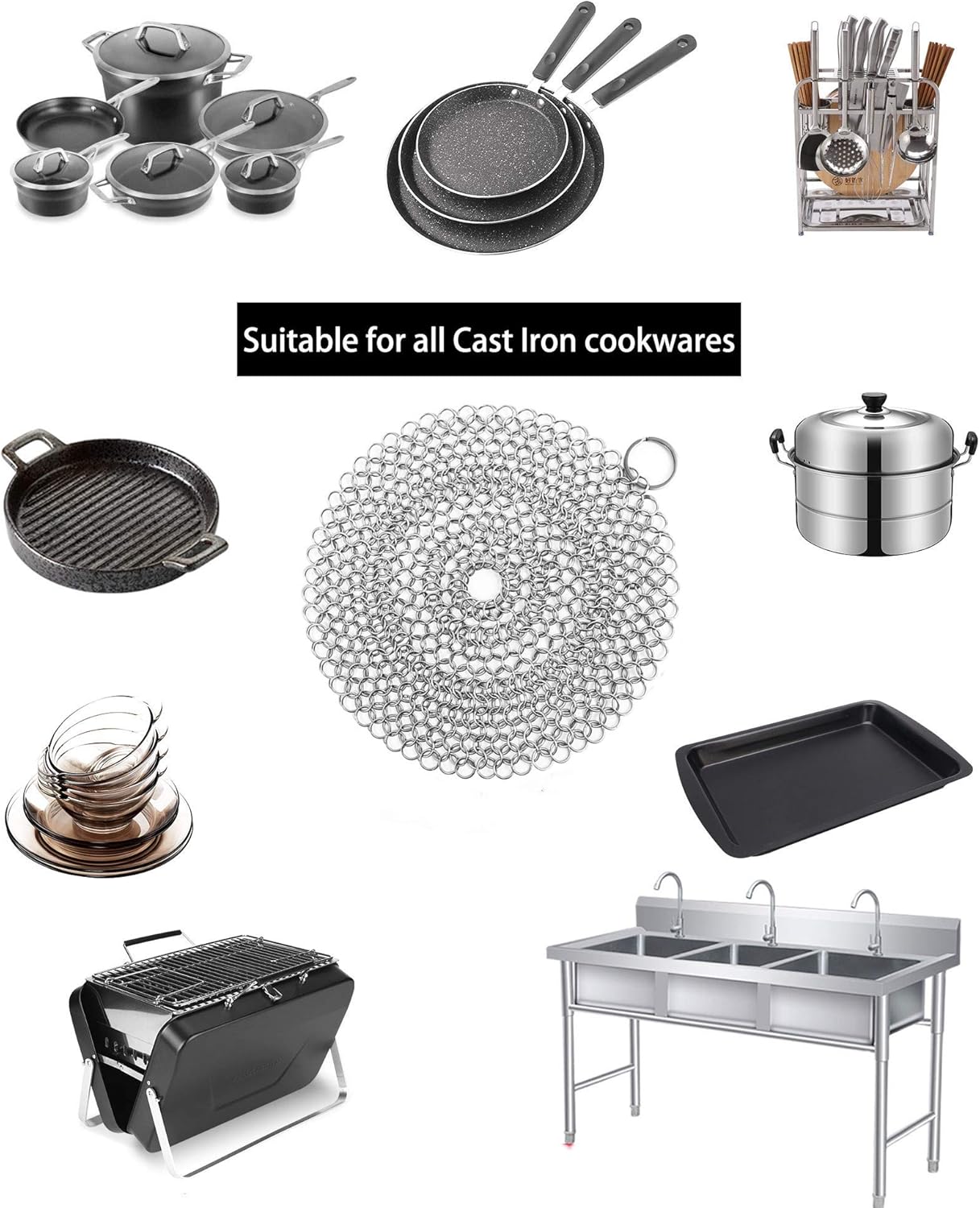 Cast Iron Cleaner, 2 Pack Stainless Steel Chainmail Scrubber for Cast Iron Pan Pot Skillet Brush Scraper Scrub Cleaner (7IN& 5IN Round).