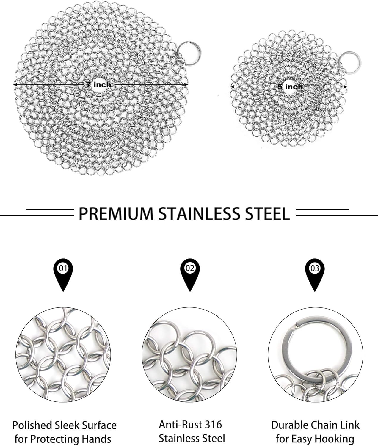 Cast Iron Cleaner, 2 Pack Stainless Steel Chainmail Scrubber for Cast Iron Pan Pot Skillet Brush Scraper Scrub Cleaner (7IN& 5IN Round).