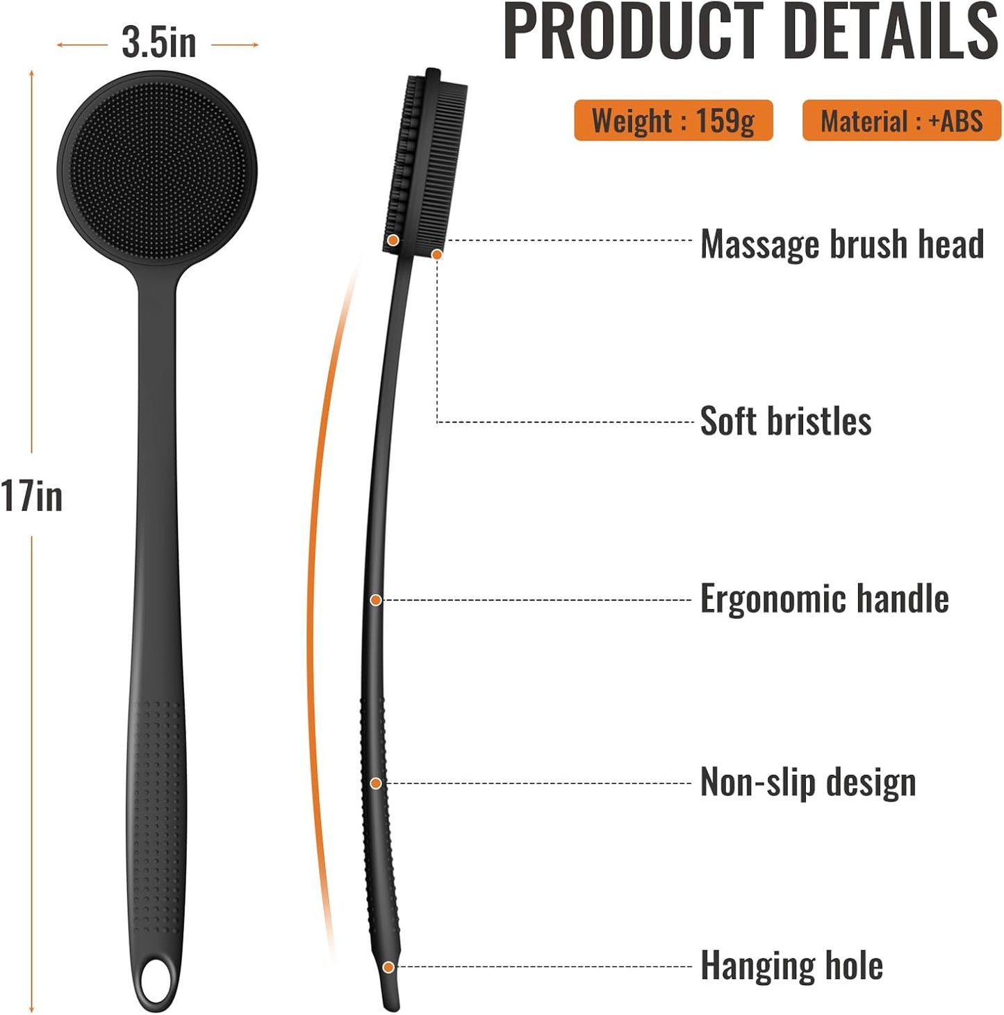 Silicone Back Scrubber for Shower, 17in Lengthen Long Handle Body Brush, Double Sided Shower Brush for Shower Exfoliating and Massage Can Produce Rich Foam, Long Handle Back Scrubber for Men and Women (Carbon black)