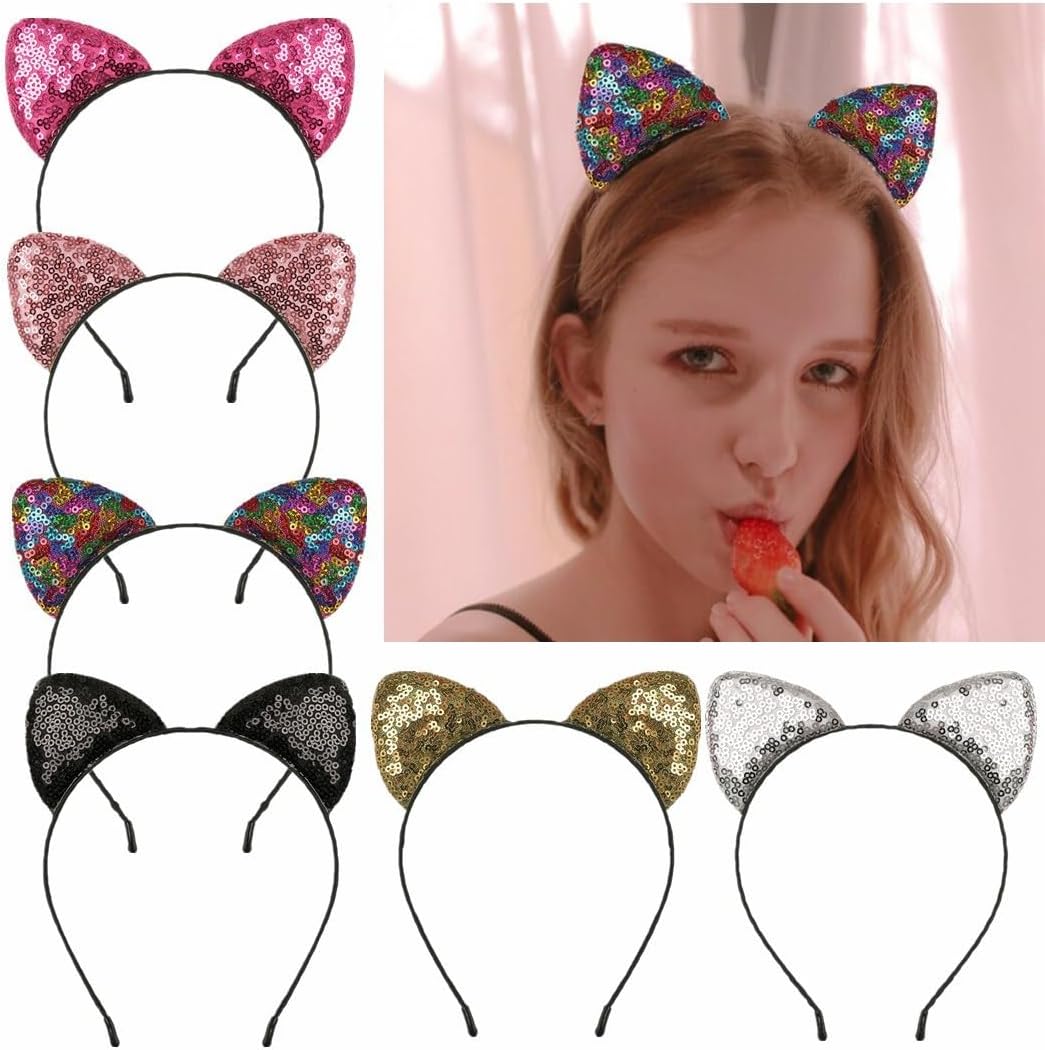 10pcs Cat's ears (Steamed cat-ear shaped bread) hair band, candy color onion powder sequins thin head band, lovely princess hair clip hair accessories, beautiful girls' daily wear and various party hair accessories