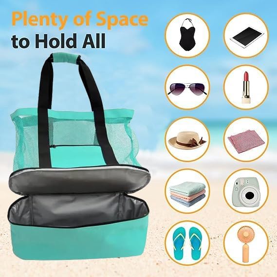 Mesh Beach Bag with Cooler Bag, Large Mesh Beach Tote Bags, Cooler Bags Insulated for Travel, Beach Toys Bag, Summer Vacation Travel Essentials for Women Kids, for Picnic Pool Travel