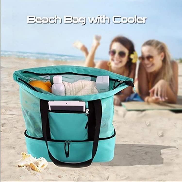 Mesh Beach Bag with Cooler Bag, Large Mesh Beach Tote Bags, Cooler Bags Insulated for Travel, Beach Toys Bag, Summer Vacation Travel Essentials for Women Kids, for Picnic Pool Travel