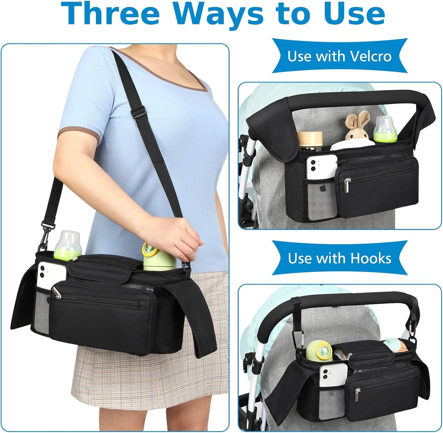 Universal Stroller Organizer with Insulated Cup Holder Detachable Phone Bag and Shoulder Strap,Stroller Bag Caddy Organizer Accessories Fits for Uppababy, Baby Jogger, Britax Strollers
