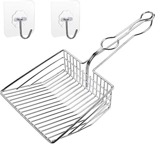 Metal Cat Litter Scoop, Fast and Clean Clumping Kitty Litter Scooper with Holder, Flat Ledging Edge, Large Solid and Comfy! All Metal Fun Maker, Say No to Dirty and Loose Handle,1+2pcs