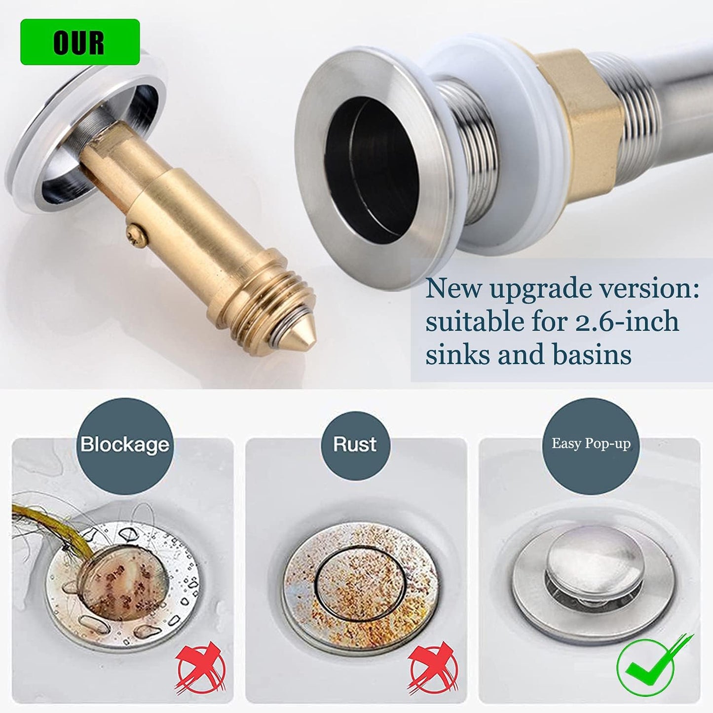 Pop-Up Click Clack Plug,66 mm Bathroom Basin Sink Button Drain,Suitable for Kitchen Bathroom Washbasin, Solid Brass Chrome Platedplug
