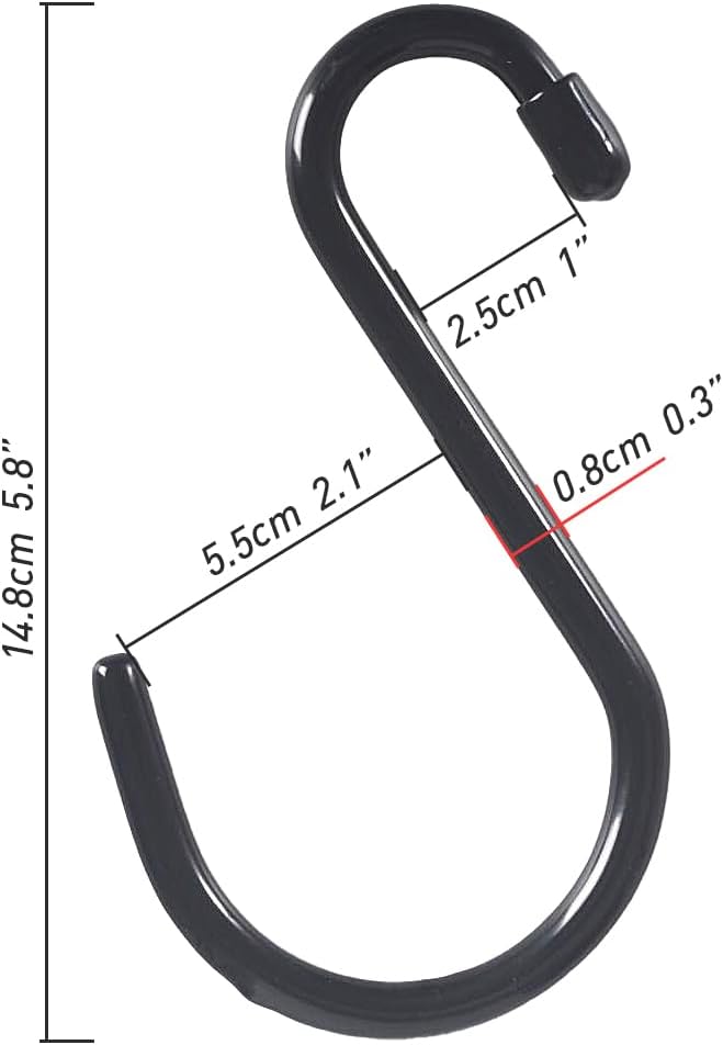 6 Inch Heavy Duty Vinyl Coated S Hooks, Black Rubber Coated S Hooks, Extra Thick Non Slip Metal S Hanger for Closet, Garden, Garage, Kitchen Hanging, Black, Pack of 6