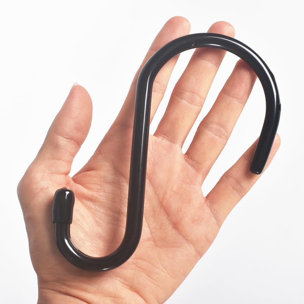 6 Inch Heavy Duty Vinyl Coated S Hooks, Black Rubber Coated S Hooks, Extra Thick Non Slip Metal S Hanger for Closet, Garden, Garage, Kitchen Hanging, Black, Pack of 6