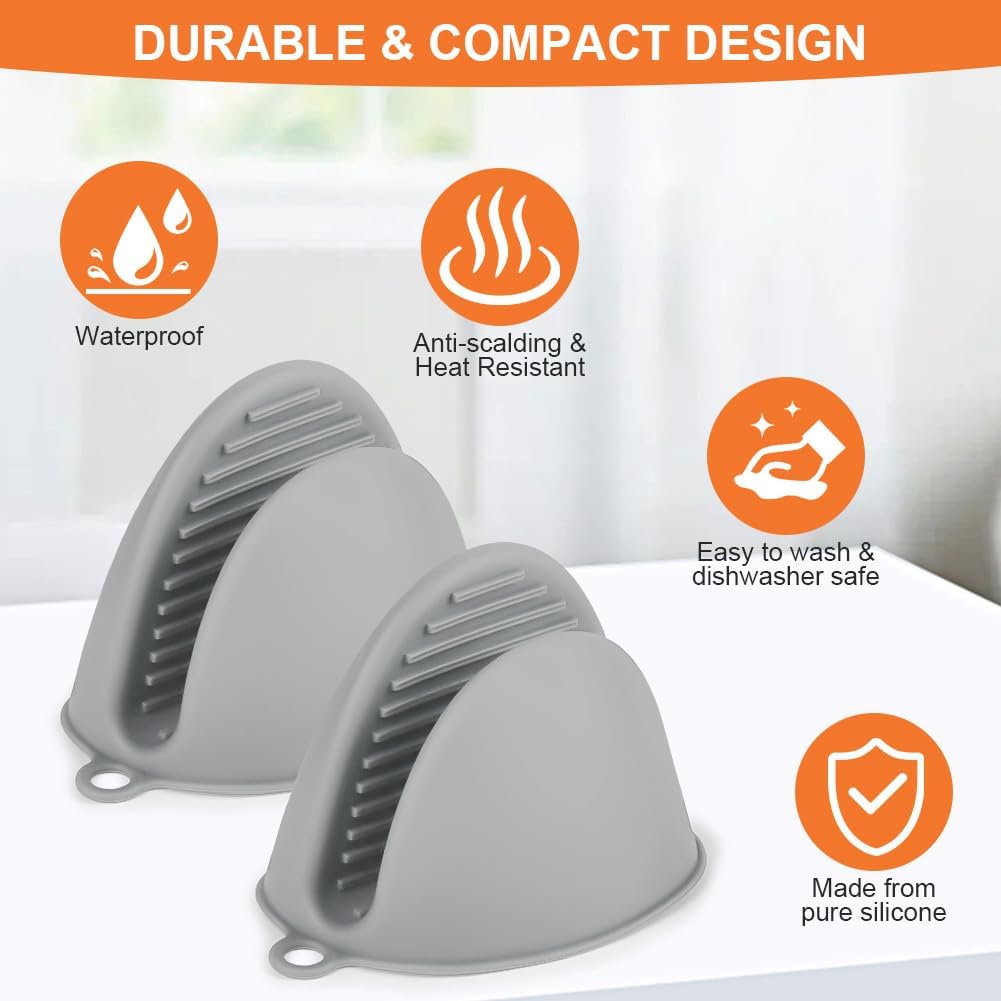 1 Pair Mini Silicone Oven Mitts, Heat Resistant Pot Holders Mitts, Cute Oven Pinch Grip Gloves, Small Potholders for Kitchen, Air Fryer Mitts Pair for Cooking, Baking and Grilling (Light Gray)
