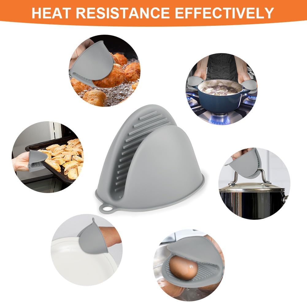 1 Pair Mini Silicone Oven Mitts, Heat Resistant Pot Holders Mitts, Cute Oven Pinch Grip Gloves, Small Potholders for Kitchen, Air Fryer Mitts Pair for Cooking, Baking and Grilling (Light Gray)