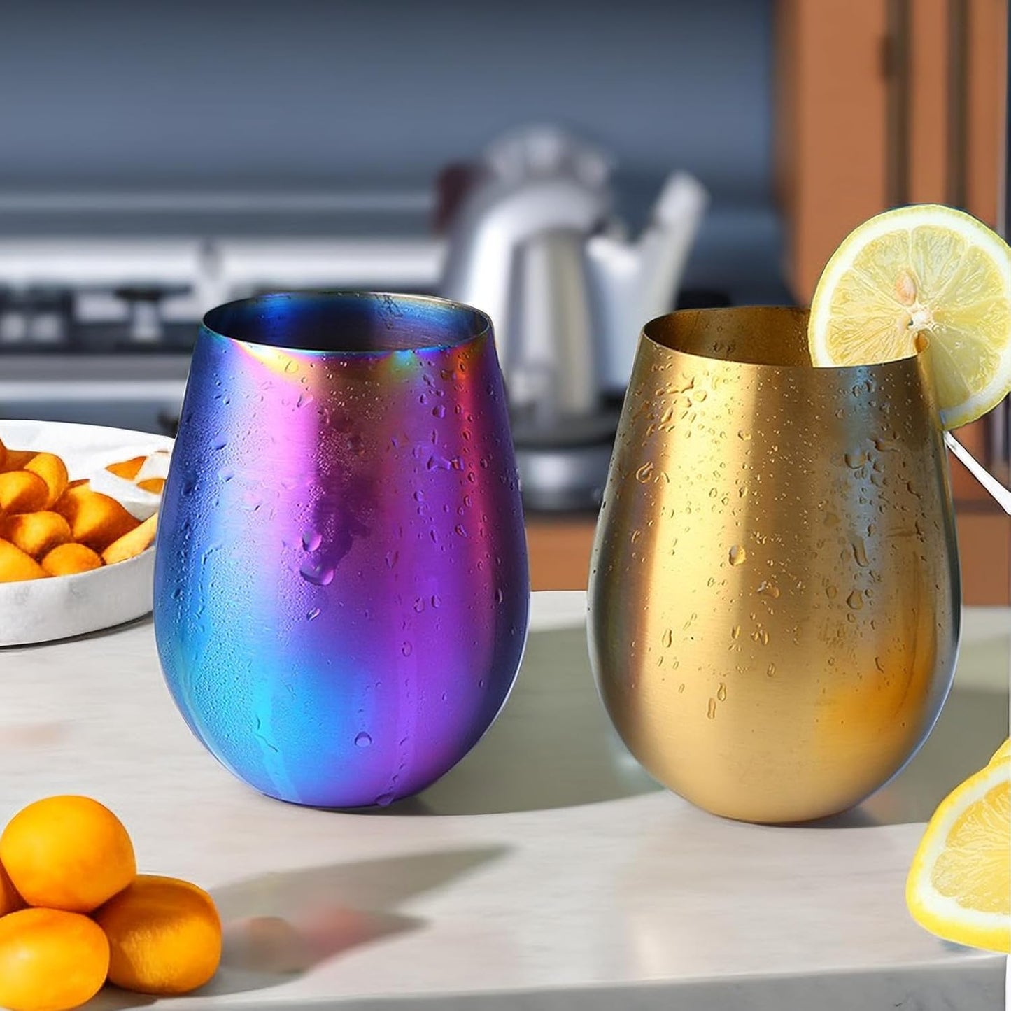 Stemless 17 OZ Tumbler Wine Glasses Set of 4, 304 Stainless Steel Cups for Home Restaurants Bars Outdoor, Gift Essentials and Dishwasher safe(Gold)