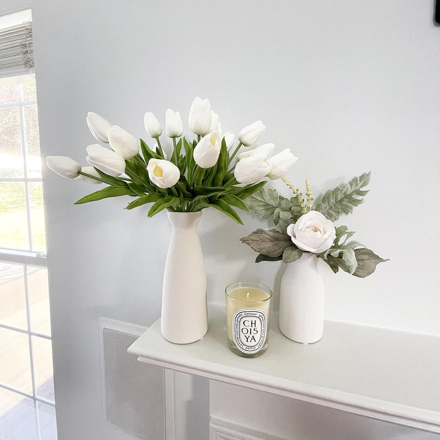 20pcs Artificial Tulips Flowers Fake Faux PU Tulip Bouquet Real Touch Flower Arrangement for Home Room Office Party Wedding Decoration Excellent Gift Idea for Mothers Day (White)