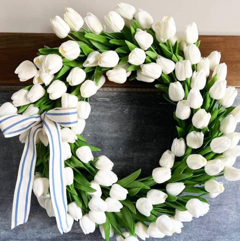 20pcs Artificial Tulips Flowers Fake Faux PU Tulip Bouquet Real Touch Flower Arrangement for Home Room Office Party Wedding Decoration Excellent Gift Idea for Mothers Day (White)