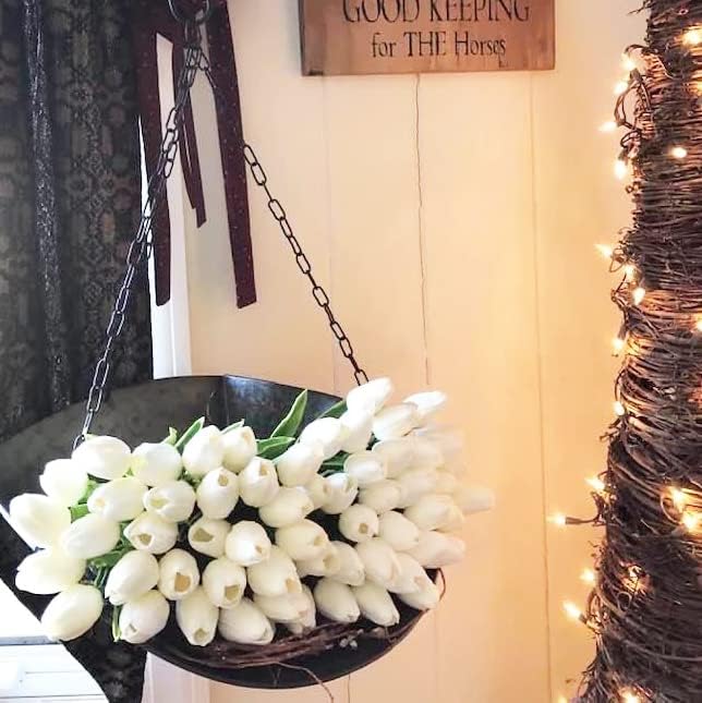 20pcs Artificial Tulips Flowers Fake Faux PU Tulip Bouquet Real Touch Flower Arrangement for Home Room Office Party Wedding Decoration Excellent Gift Idea for Mothers Day (White)