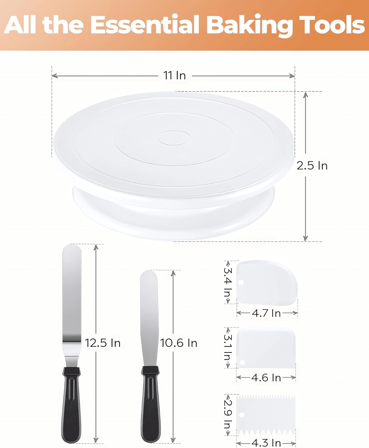 11 Inch Cake Rotating Turntable with 2 Icing Spatula and 3 Icing Smoother, Cake Rotating Turntable Stand White Baking Cake Decorating Supplies (6 PCS)