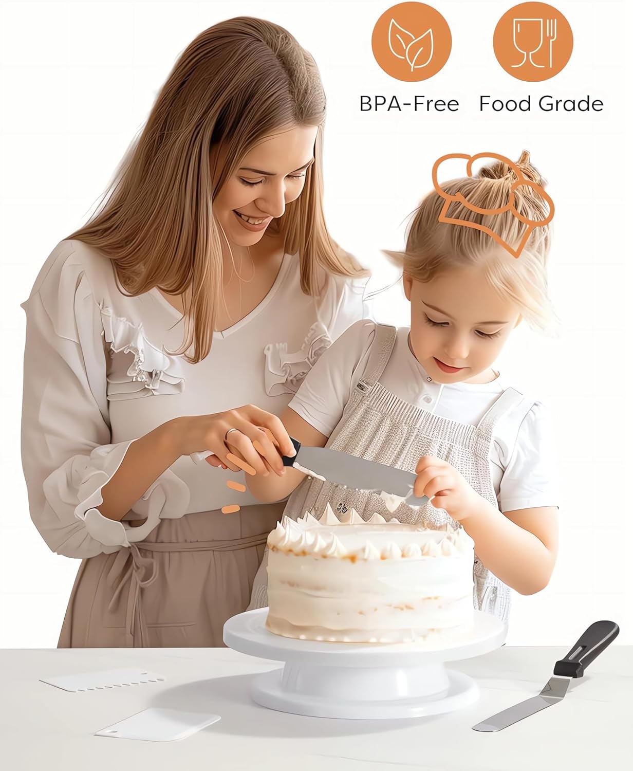 11 Inch Cake Rotating Turntable with 2 Icing Spatula and 3 Icing Smoother, Cake Rotating Turntable Stand White Baking Cake Decorating Supplies (6 PCS)