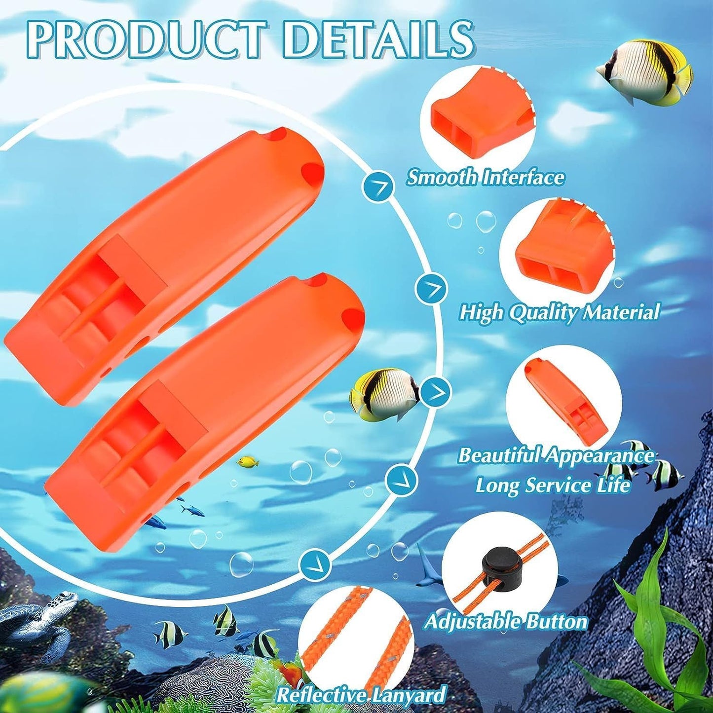 6Pcs Emergency Whistles, Safety Survival Whistles, Loud Floating Whistle with Adjustable Reflective Lanyard, for Boating, Swimming, Water Survival, Camping, Climbing, Hiking