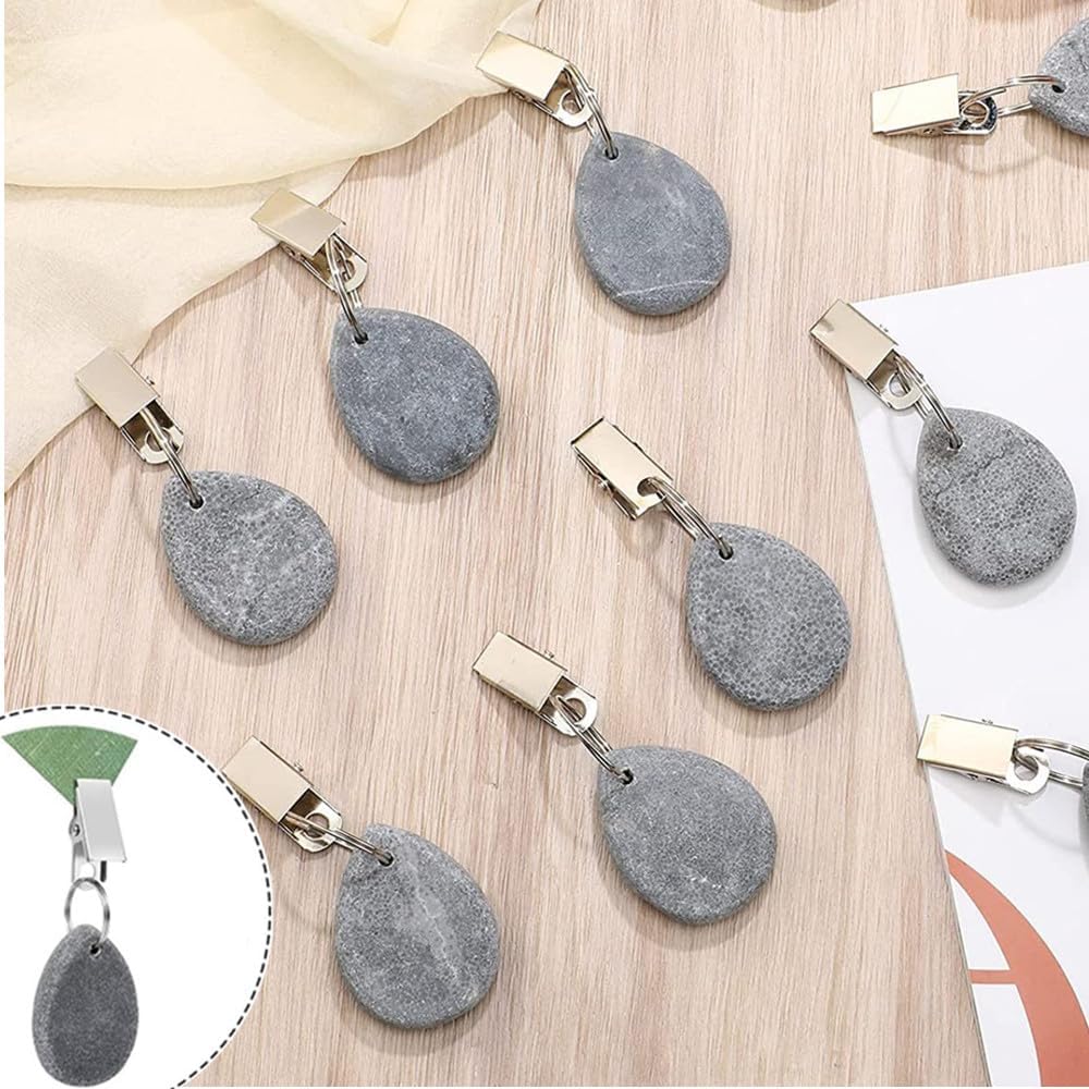 8Pcs Tablecloth Weights Hangers,Outdoor Tablecloth Weights, Tear Drop Marble tablecover Weights, Tablecloth Pendant, Stone Table Scale, Family Dining Table Decoration, Metal clotheslinger (Drop-Grey)