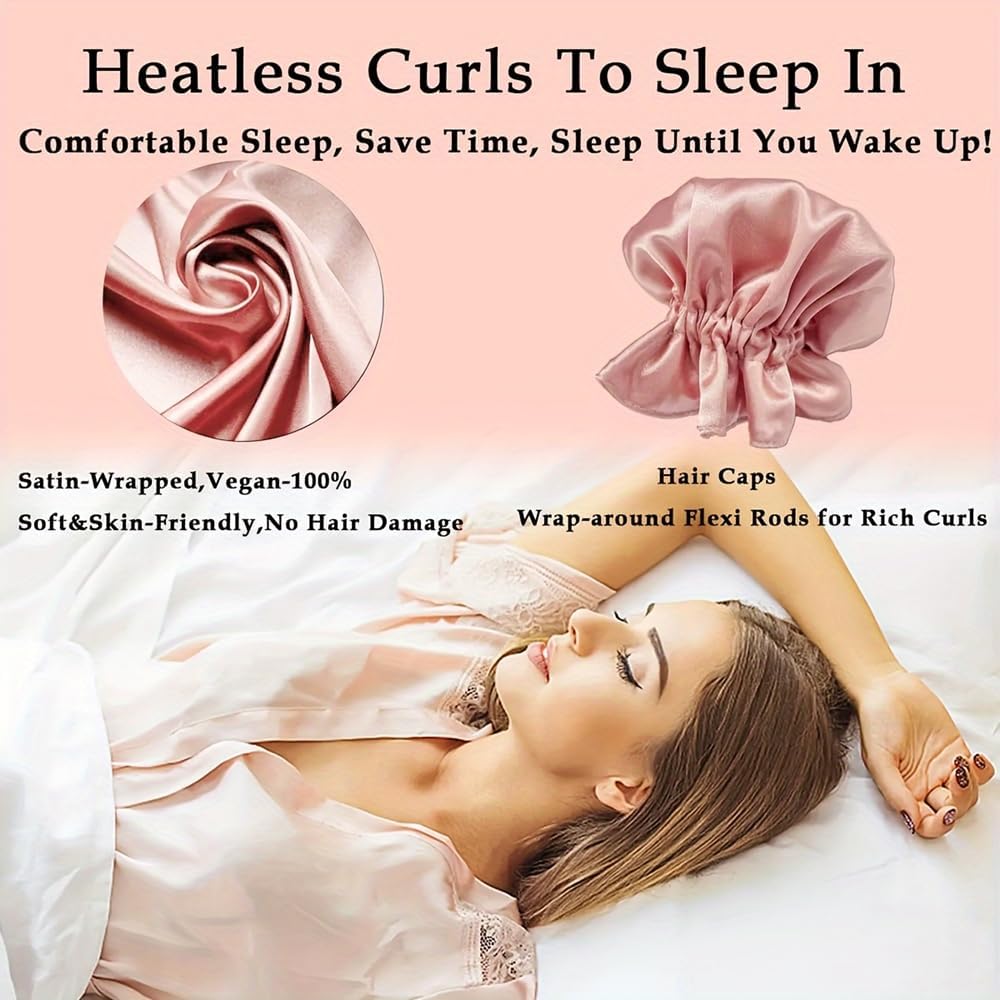 Satin Heatless Hair Curler 3 Sets, Heatless Curls for All Hair Types with Hair Caps, No Heat Curlers to Sleep In