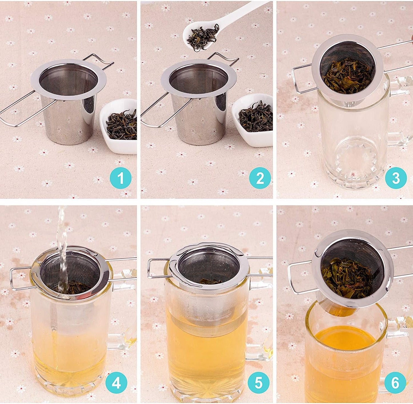Tea Infuser Stainless Steel Tea Strainer Steeper Filter with Folding Handle for Loose Leaf Grain Tea Cups, Mugs, and Pots