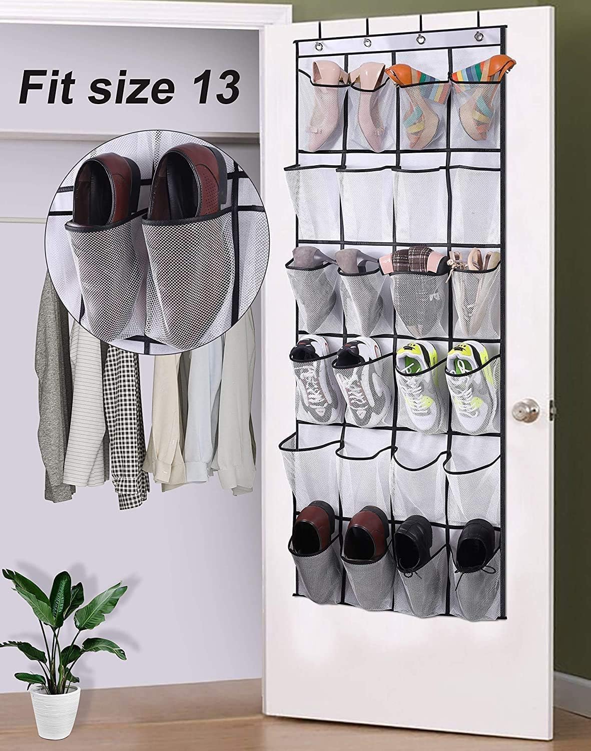 Over The Door Shoe Organizer 24 Large Mesh Pockets, White