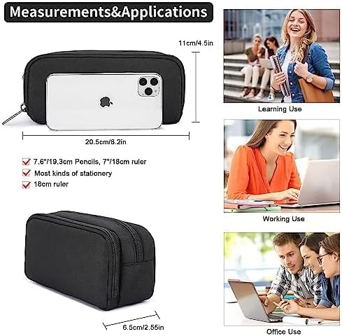 Pencil Case Large Capacity Pencil Pouch Aesthetic Pen Bag Office Stationery Organizer Simple Sturdy Multifunctional Pencil Bag for Men - Black