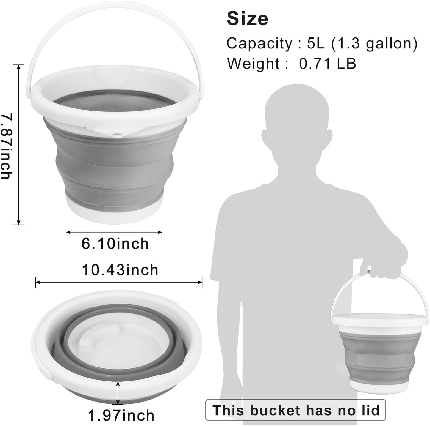 Collapsible Silicone 5L (1.3 Gallon) Cleaning Bucket - Household, Bathroom, Car Wash, Ice Bucket - Grey