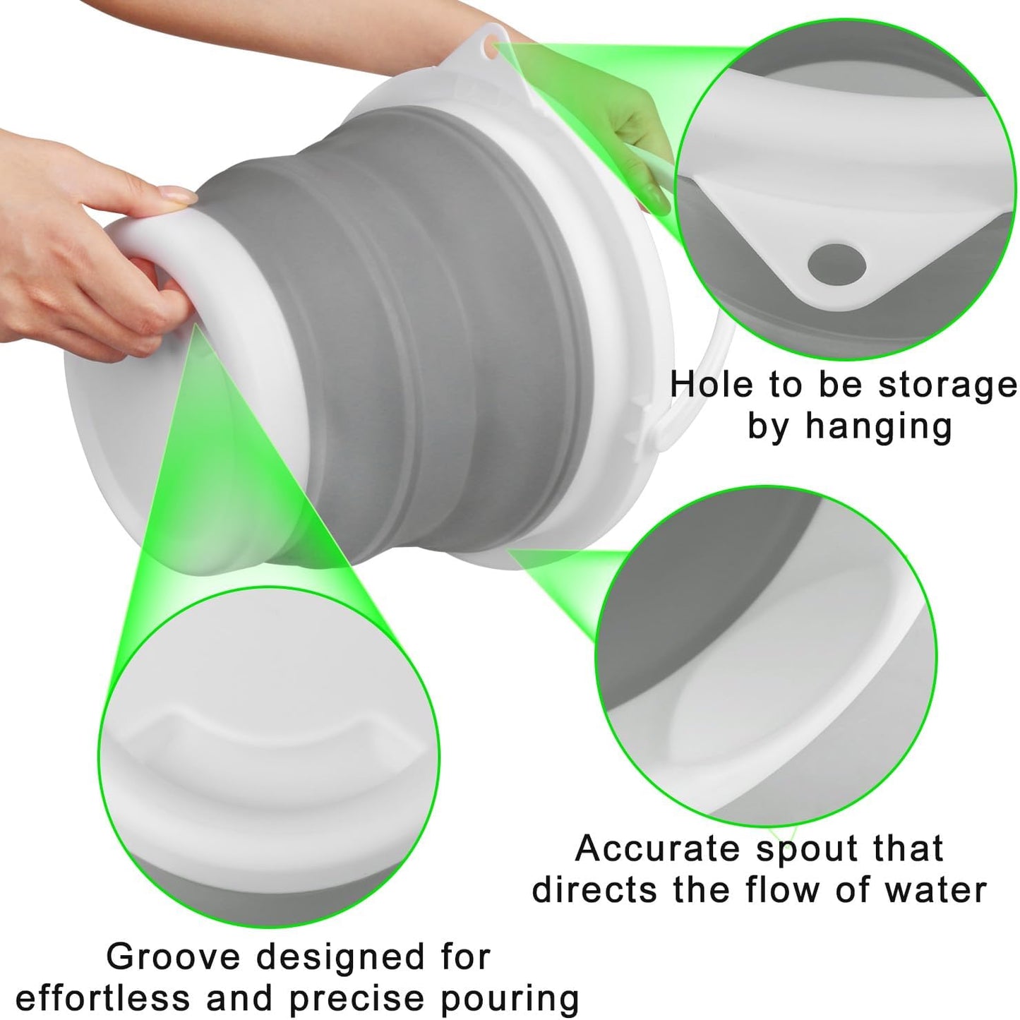 Collapsible Silicone 5L (1.3 Gallon) Cleaning Bucket - Household, Bathroom, Car Wash, Ice Bucket - Grey