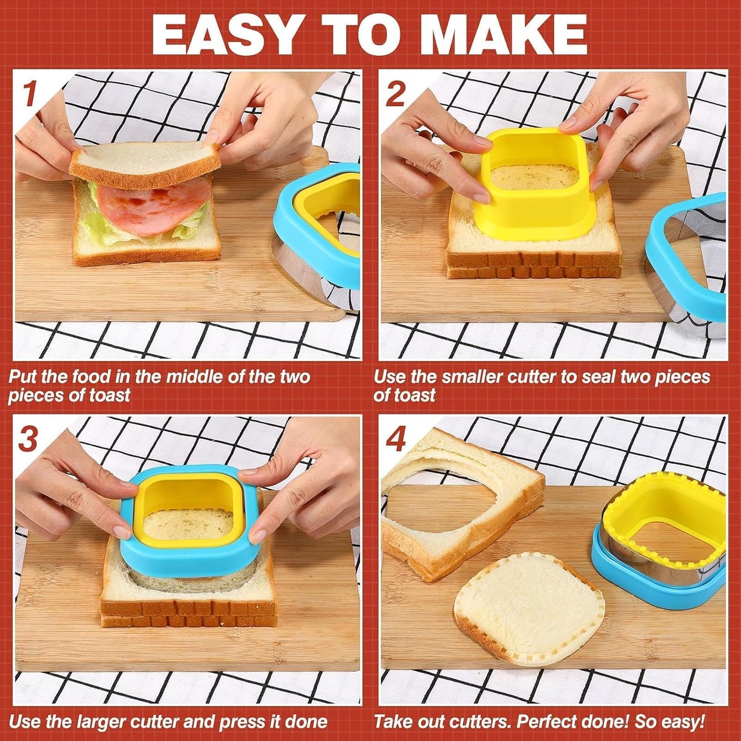 Sandwich Cutter and Sealer Set 4 Pcs Bread Decruster Sandwich Cutter Pancake Maker Heart Square Circle Dinosaur Shape DIY Cookie Cutters Gift for Kids Adult Boys Girls