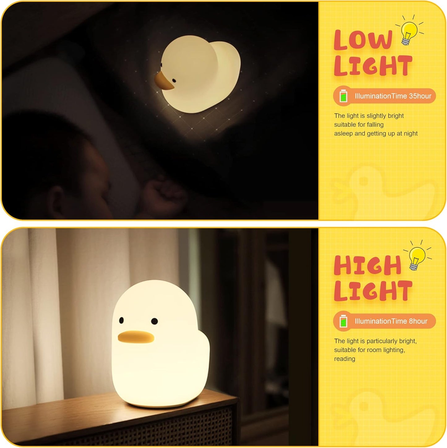 LED Duck Night Light, Cute Animal Silicone Nursery Night Light Rechargeable Table Lamp Bedside Lamp with Touch Sensor for Women Bedrooms, Livin