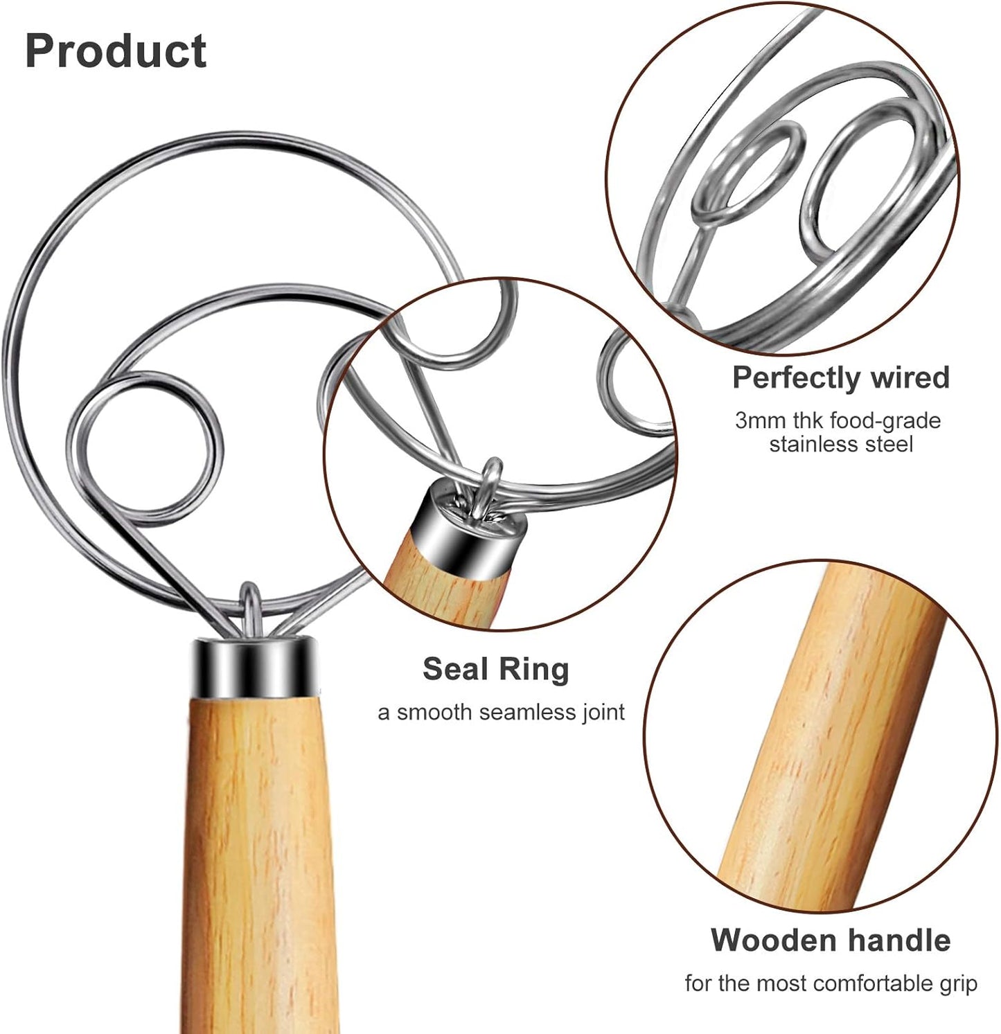 Danish Dough Whisk 2Pcs, Dutch Bread Whisk Hook, 13 Inch Premium Pastry Whisks, Wooden Hand Mixer, Stainless Steel Sourdough Baking Tools for Bread, Batter, Cake and More
