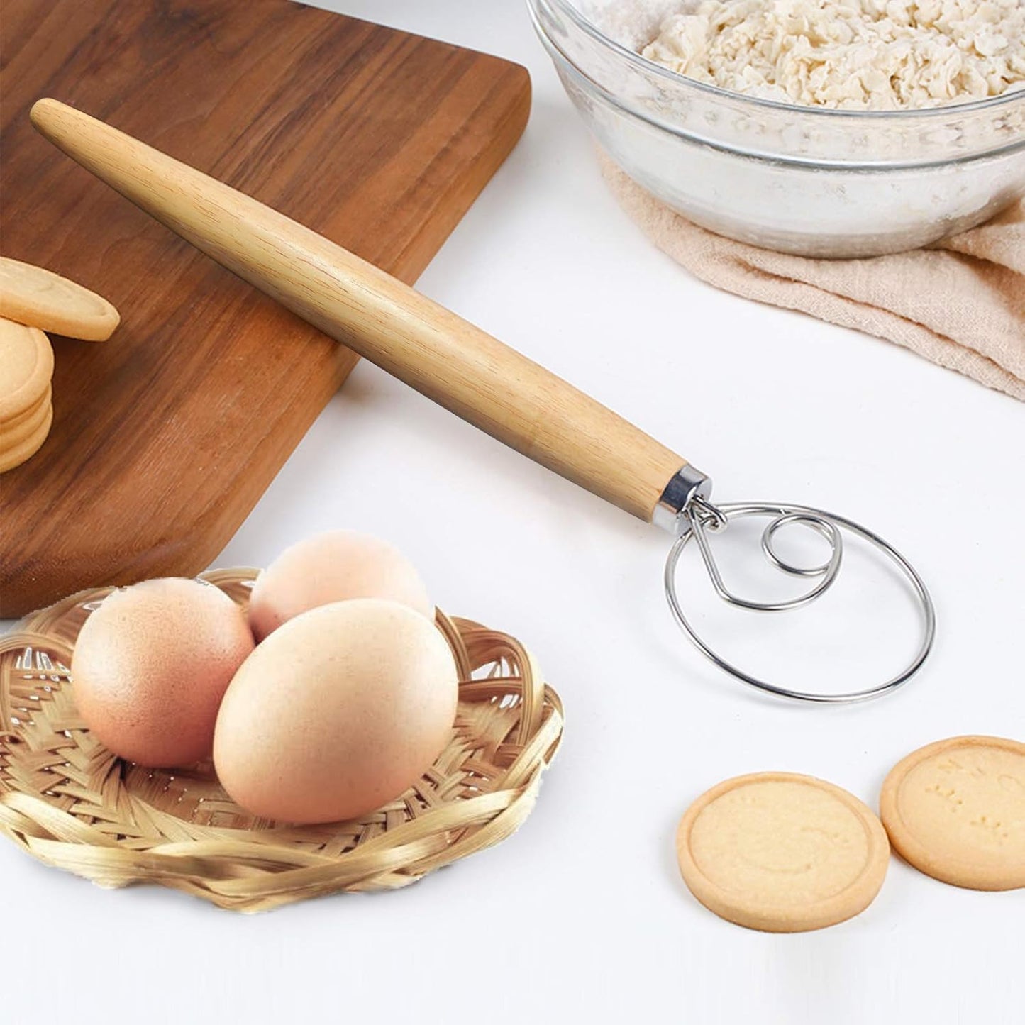 Danish Dough Whisk 2Pcs, Dutch Bread Whisk Hook, 13 Inch Premium Pastry Whisks, Wooden Hand Mixer, Stainless Steel Sourdough Baking Tools for Bread, Batter, Cake and More