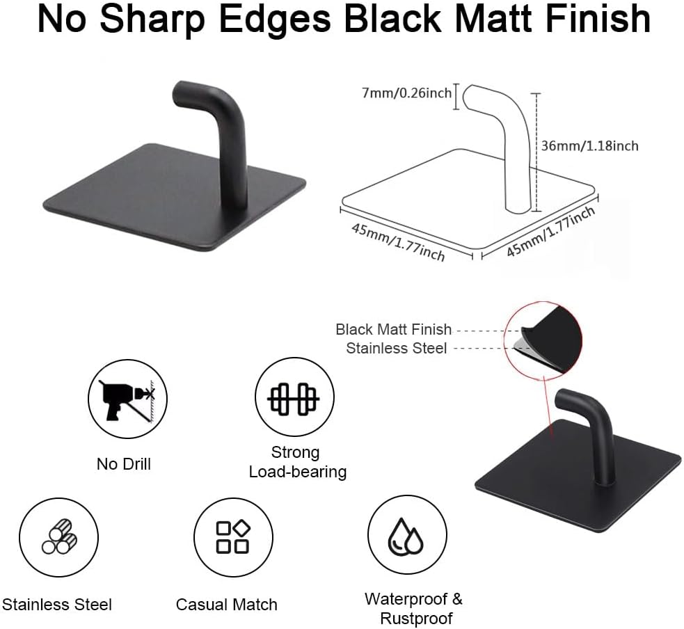 Adhesive Hooks for Hanging, Self-Adhesive Wall Hook for Key Hat Coat, No Drill Stick on Bathroom Towel Hooks, Shower Kitchen Door Home Outdoor 8 Pack, Black