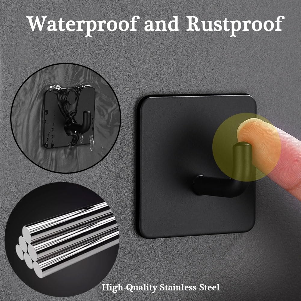 Adhesive Hooks for Hanging, Self-Adhesive Wall Hook for Key Hat Coat, No Drill Stick on Bathroom Towel Hooks, Shower Kitchen Door Home Outdoor 8 Pack, Black