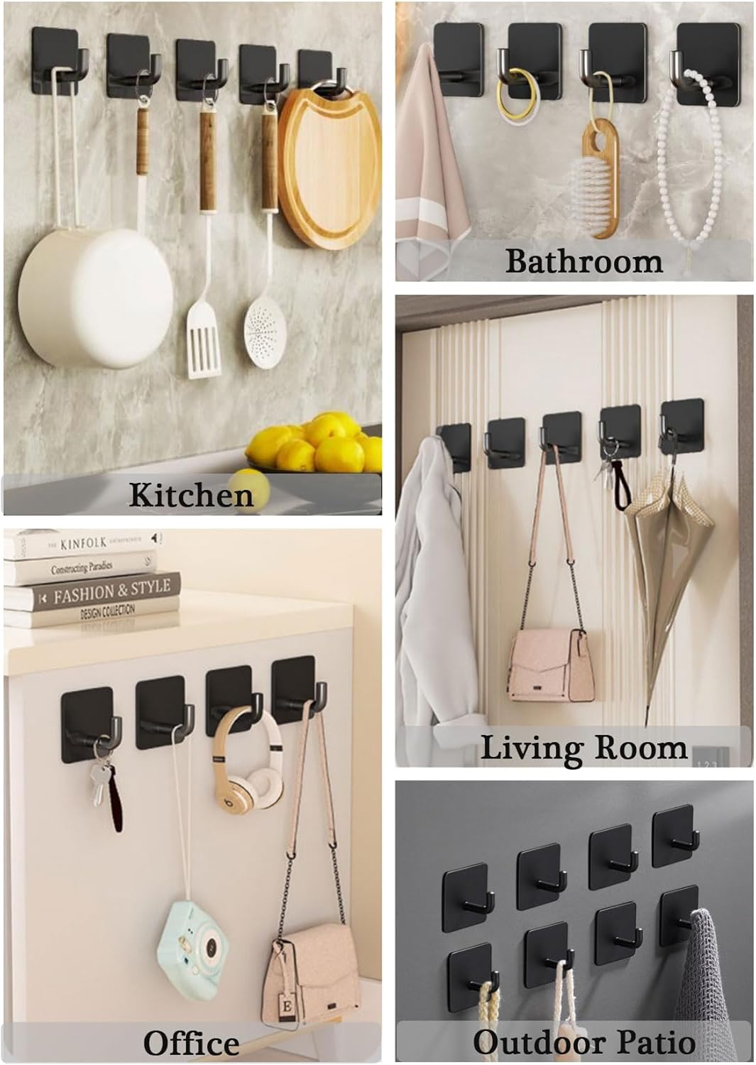 Adhesive Hooks for Hanging, Self-Adhesive Wall Hook for Key Hat Coat, No Drill Stick on Bathroom Towel Hooks, Shower Kitchen Door Home Outdoor 8 Pack, Black
