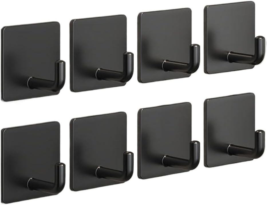 Adhesive Hooks for Hanging, Self-Adhesive Wall Hook for Key Hat Coat, No Drill Stick on Bathroom Towel Hooks, Shower Kitchen Door Home Outdoor 8 Pack, Black