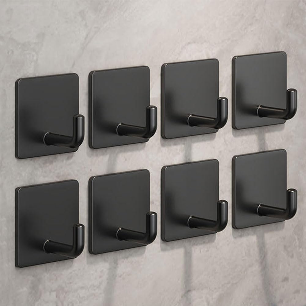 Adhesive Hooks for Hanging, Self-Adhesive Wall Hook for Key Hat Coat, No Drill Stick on Bathroom Towel Hooks, Shower Kitchen Door Home Outdoor 8 Pack, Black