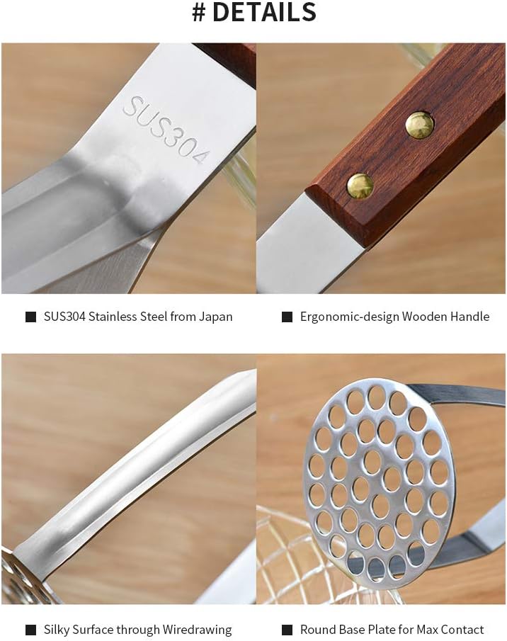 Stainless Steel Potato Masher Kitchen Tool(AUGMENTED MODEL) - Ergonomic Design, Sturdy Construction, Long & Comfortable Grip - Manual Masher by
