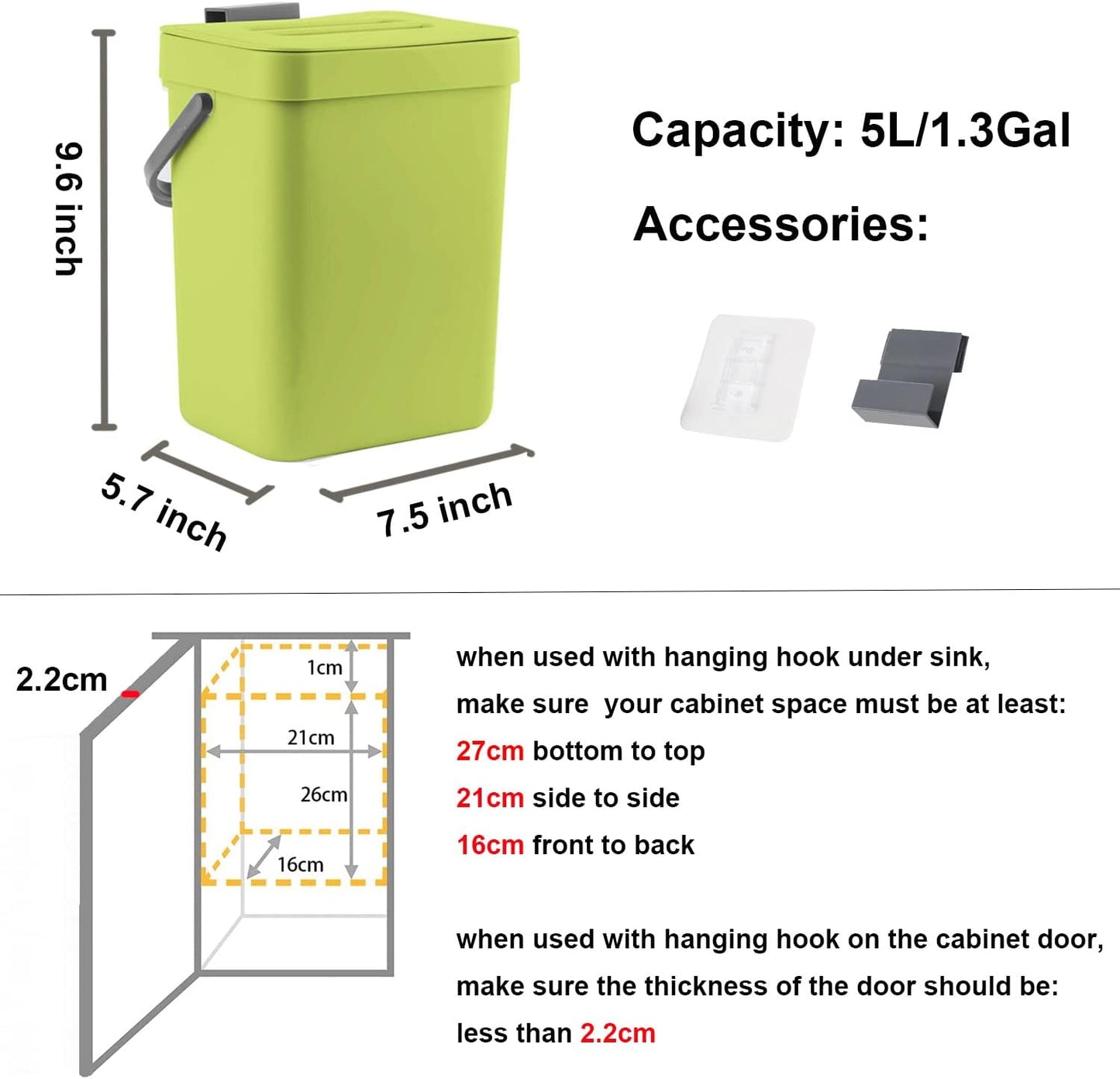 Small Plastic Trash Can, Hanging Small Trash Can with Lid Under Sink for Kitchen, Food Waste Bin for Countertop, Mountable Garbage Can for Bathroom, RV, 5L/1.3 Gal, Green