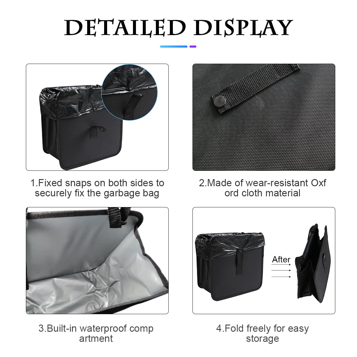 Foldable Car Trash Can, 1.85 Gallons Hanging Waterproof Leakproof Trash Can Storage Bag for Car with Large Capacity, Car Interior Accessories (Black, Small)