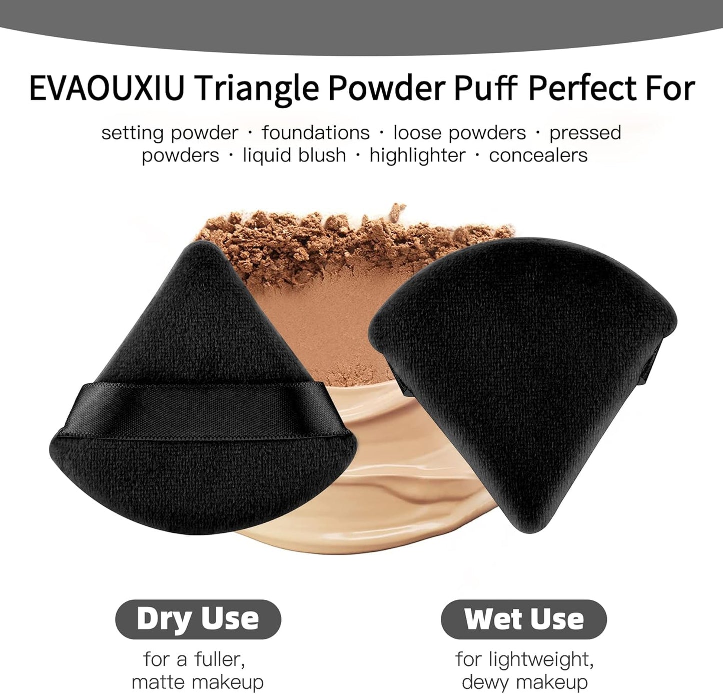2 Pcs  Triangle Powder Puff for Face Powder, Soft Plush Setting Powder Puff, Velour Cosmetic Foundation Blender Sponge Beauty Makeup Tools (Black)