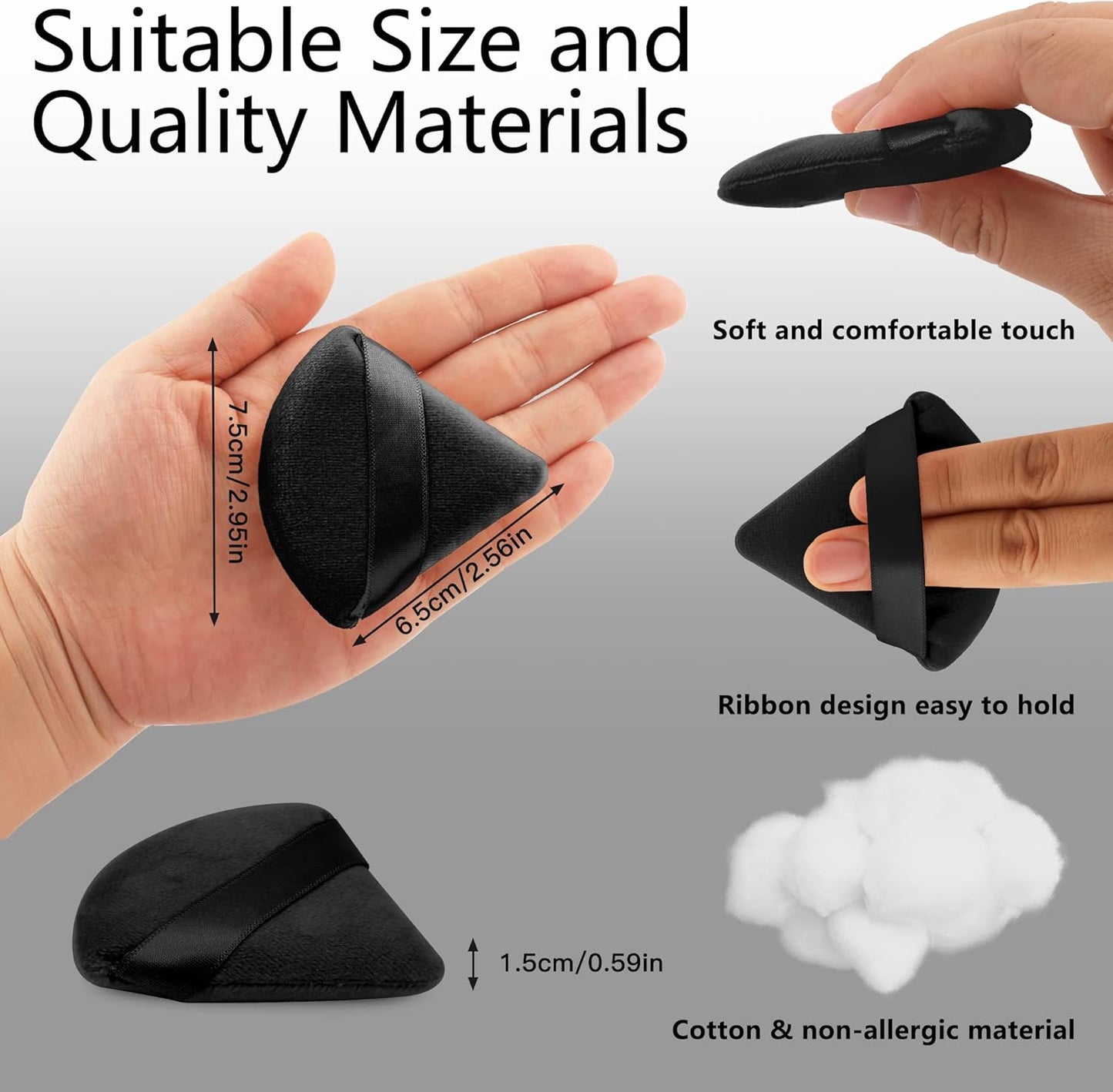 2 Pcs  Triangle Powder Puff for Face Powder, Soft Plush Setting Powder Puff, Velour Cosmetic Foundation Blender Sponge Beauty Makeup Tools (Black)