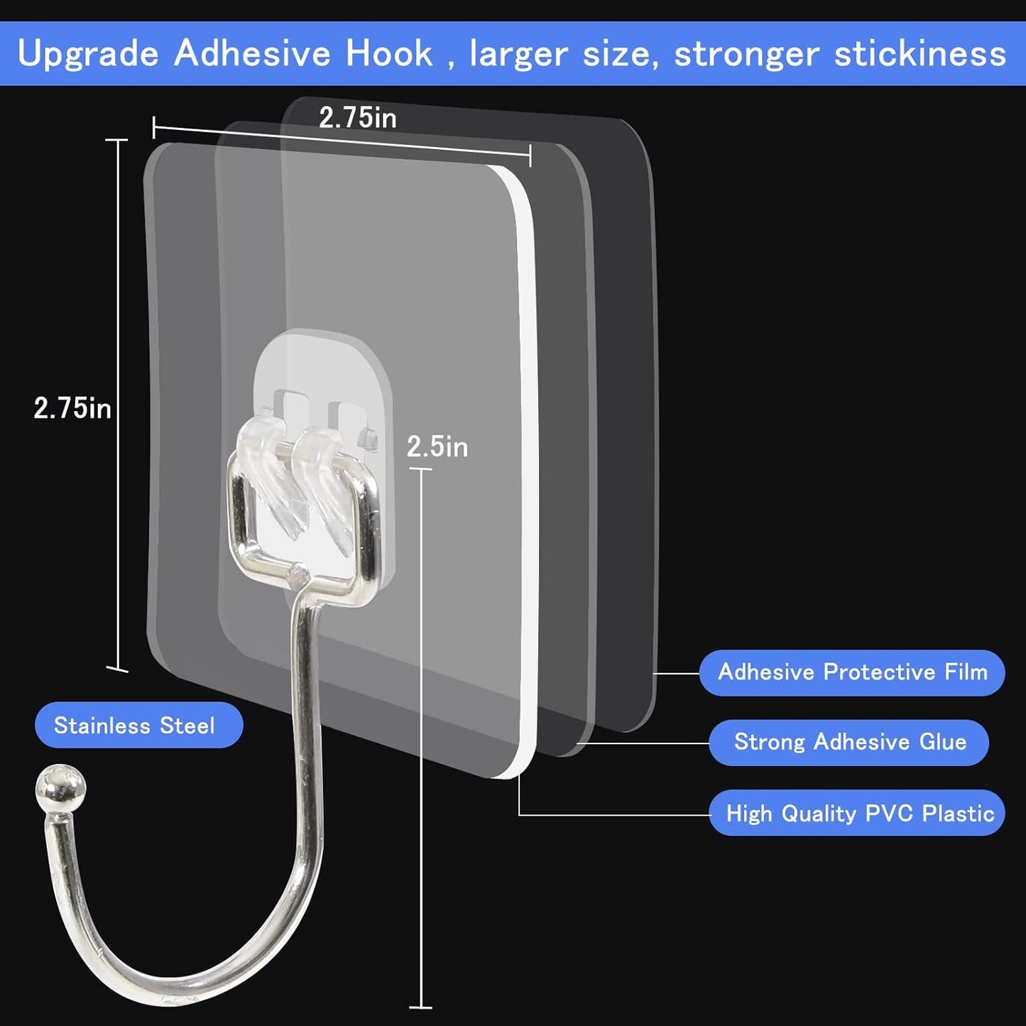 10 Packs Large Wall Hooks for Hanging Heavy Duty 33lb(Max), Waterproof Transparent Adhesive Wall Hooks Wall Hangers Without Nails Sticky Hooks for Bathroom Shower Kitchen Door Utility Hooks Hanger