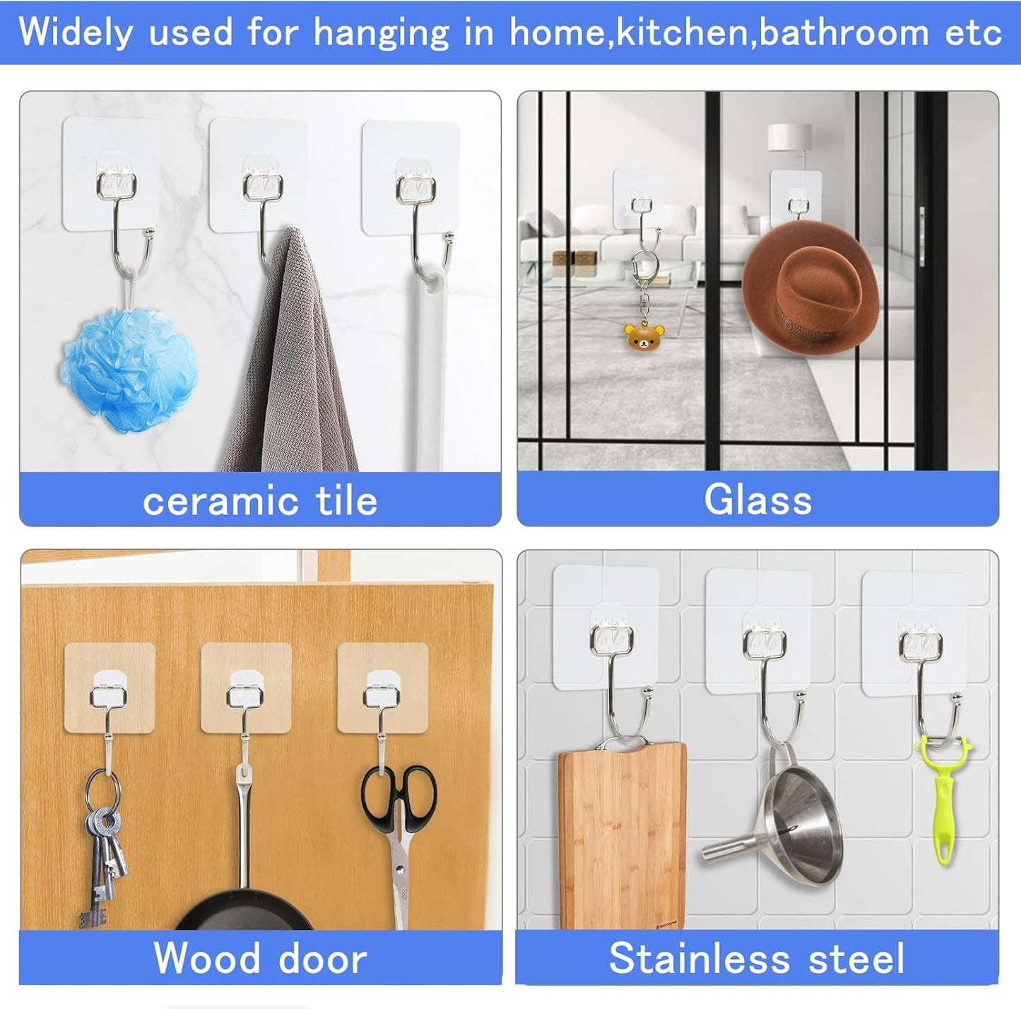 10 Packs Large Wall Hooks for Hanging Heavy Duty 33lb(Max), Waterproof Transparent Adhesive Wall Hooks Wall Hangers Without Nails Sticky Hooks for Bathroom Shower Kitchen Door Utility Hooks Hanger