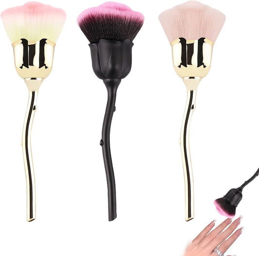 3Pcs Nail Dust Brush Rose Nail Brushes, Acrylic Long Handle Nail Brush Blusher Loose Powder Brush, Makeup Soft Blush Brush for Cleaning Dust Nail Art Tools