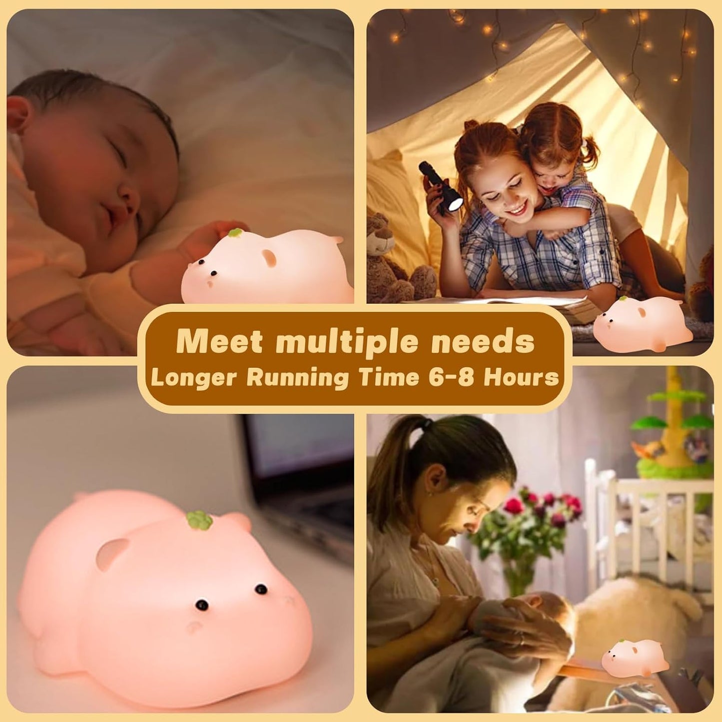Silicone Night Light, Kids Night Light, Cute Hippo Design, Rechargeable, Pink