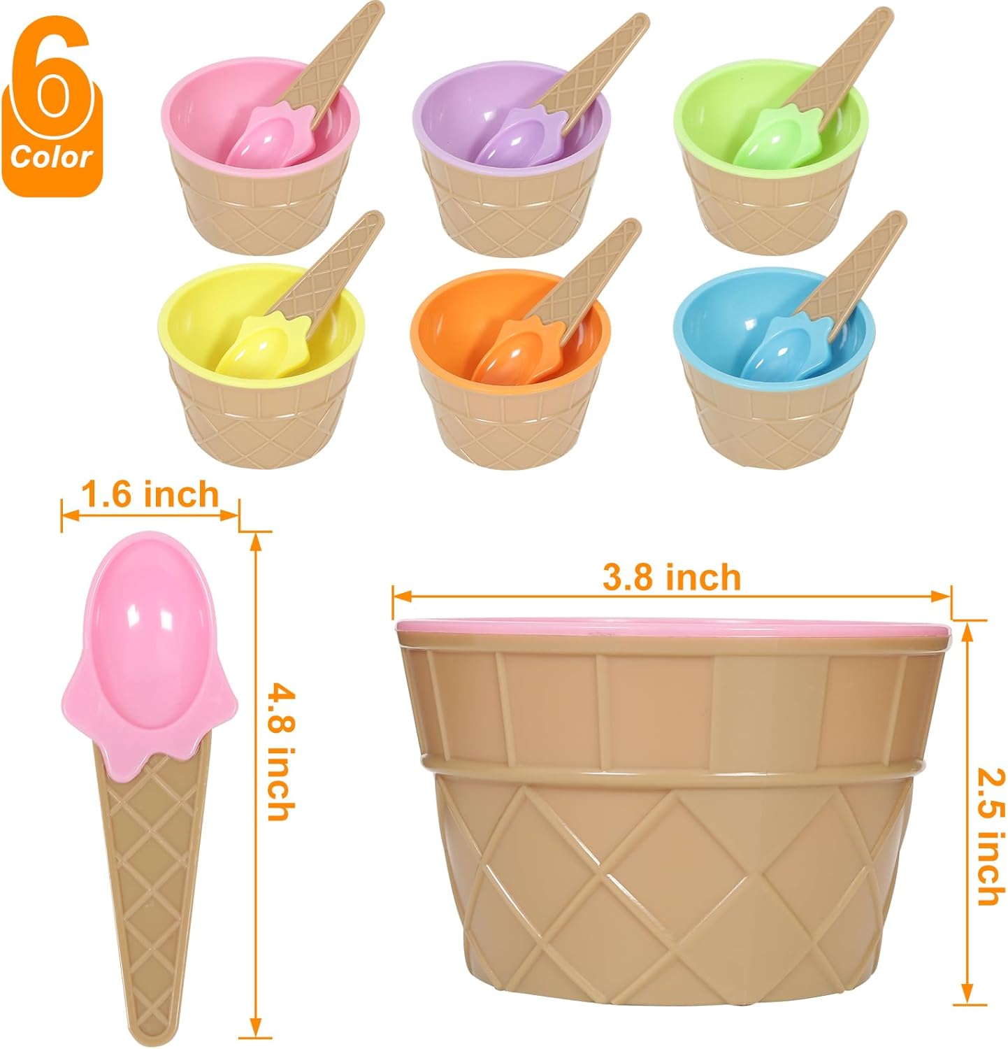 6 Pack Plastic Ice Cream Bowls with Spoons,Reusable Plastic ice Cream Cups,Cartoon Candy Colorice Cream Bowls Set for Sundae Frozen Yogurt Summer Holiday Parties