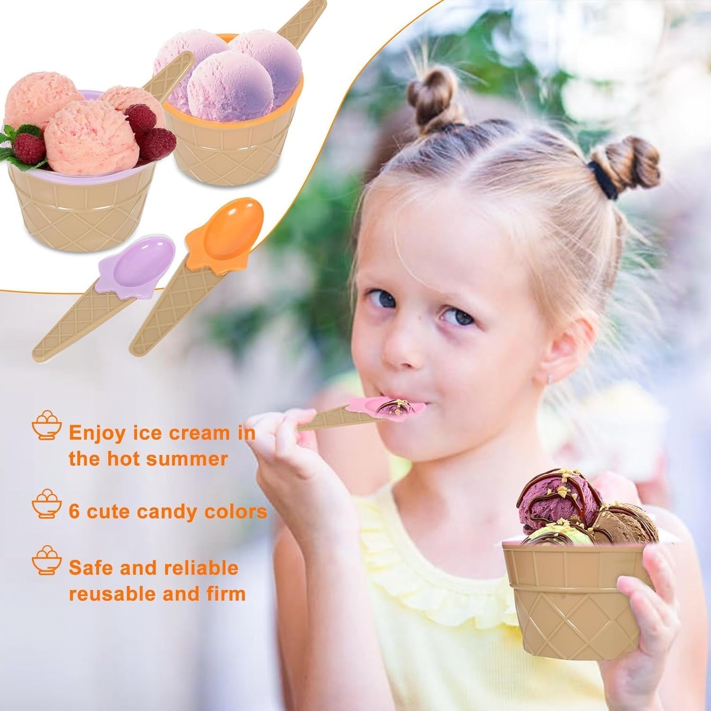 6 Pack Plastic Ice Cream Bowls with Spoons,Reusable Plastic ice Cream Cups,Cartoon Candy Colorice Cream Bowls Set for Sundae Frozen Yogurt Summer Holiday Parties